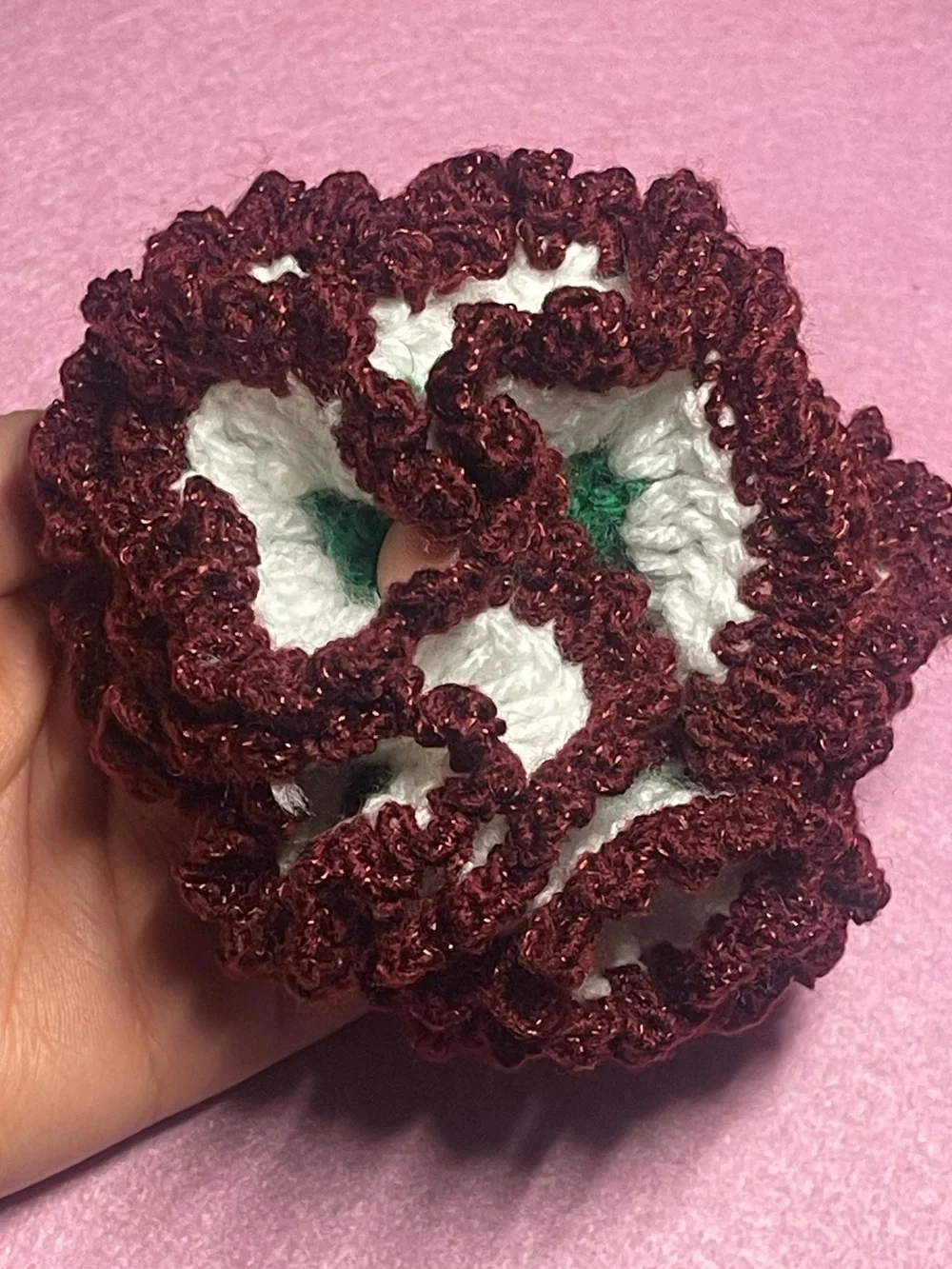 Handmade Crochet Ruffle Scrunchie - Green, White & Burgundy